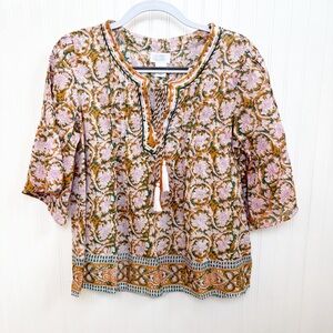 Sigrid Olsen Orange & Green Print Tassel Neckline Boho Blouse Size Small NEW